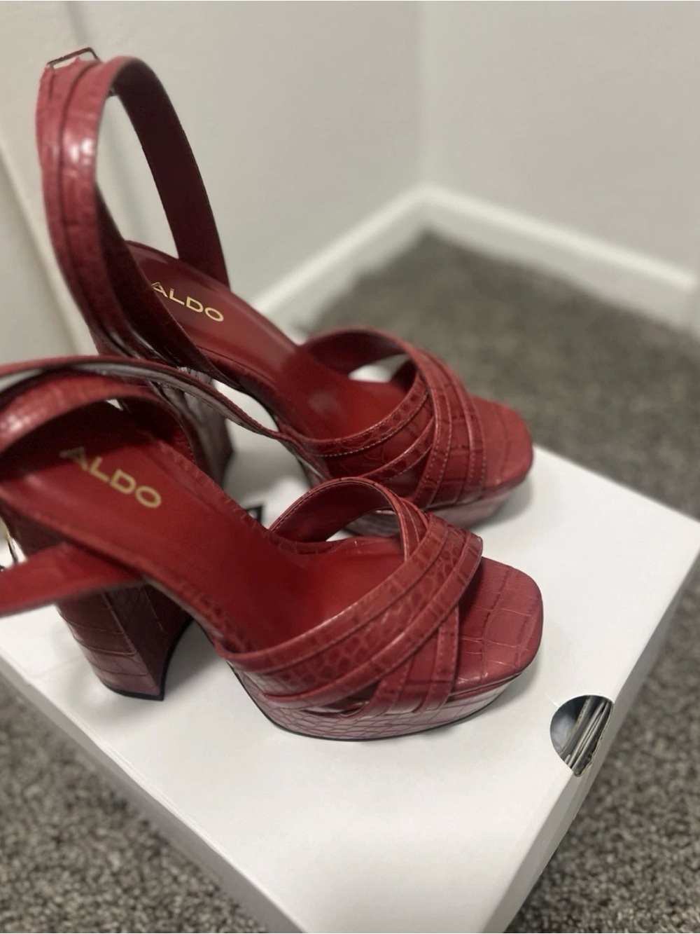 Aldo Red Croc-Embossed Platform Slingback Heels
